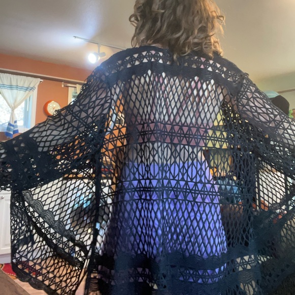 Netted Crochet Knit Cardigan Coverup Oversized Summer Beach Black OS - Picture 6 of 7